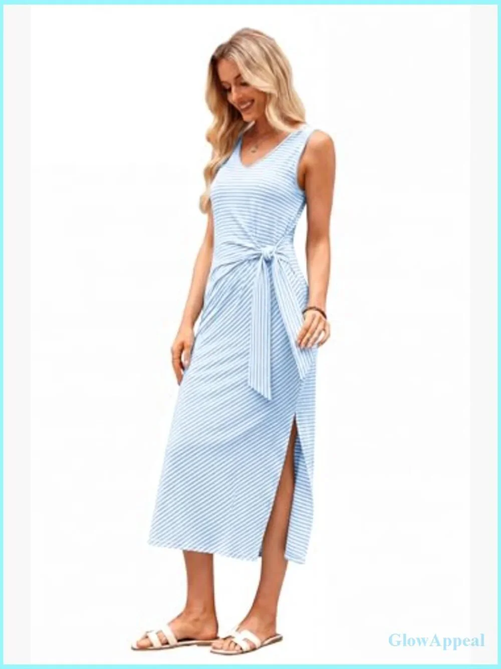 Women's Sleeveless V-Neck Midi Dress with Tie Waist Side Slit - Picture 4 of 7